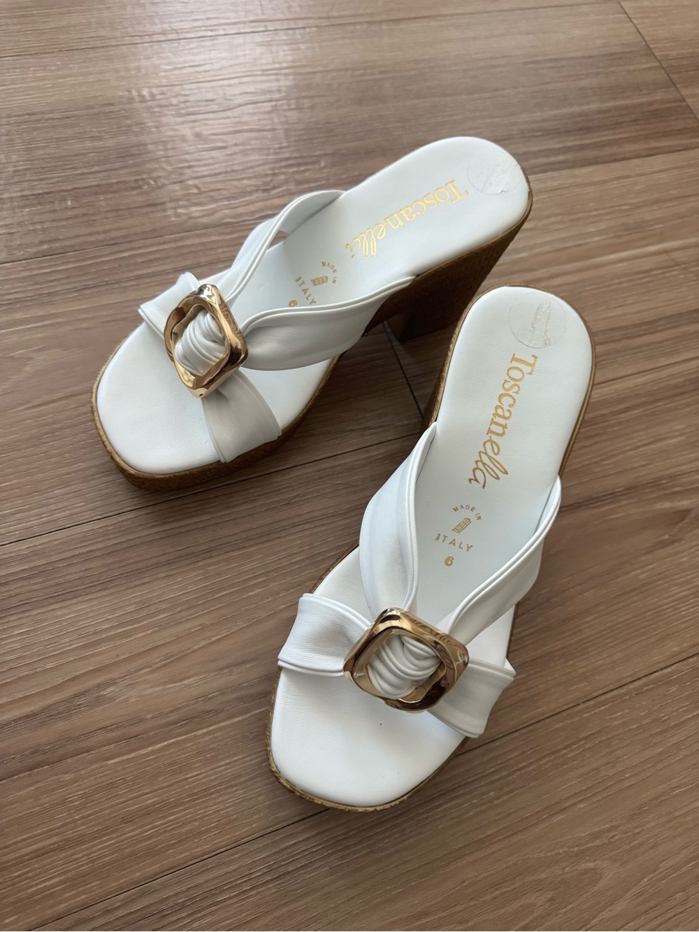 White Leather Knot Slide Wedge Sandals with Gold Buckle
